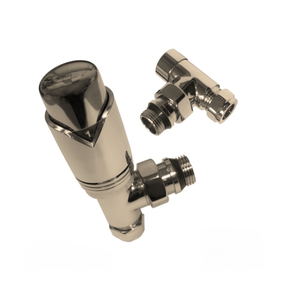 Product Cut out image of the Abacus Ultima Brushed Nickel Angled Thermostatic Radiator Valve